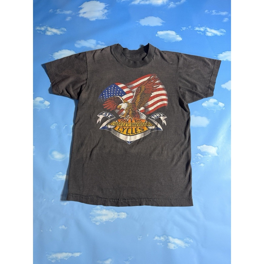 1980s Harley Davidson 3D Emblem T Shirt Eagle Biker Sun Faded Black SingleStitch